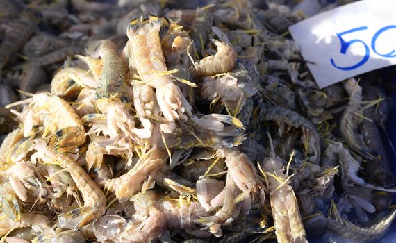 Fresh crayfish immersed in an ice tray With a price tag for sale