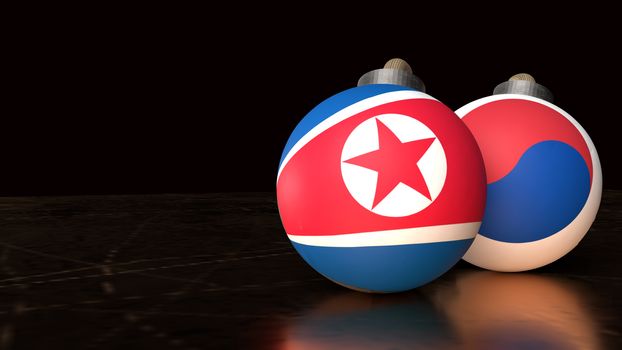 The north Korea and south Korea flags on bomb  3d rendering for  border content.