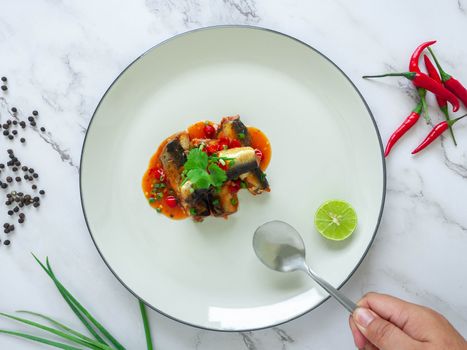 Canned Fish Salad,Thai food Ingredients Fish,Chilies,Lime,Spring onions,Pepper,Coriander,Hot sauce and tomatoes,Is a healthy food,White background