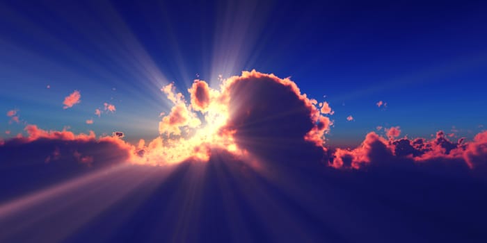 above clouds sun ray sunset. 3d render illustration