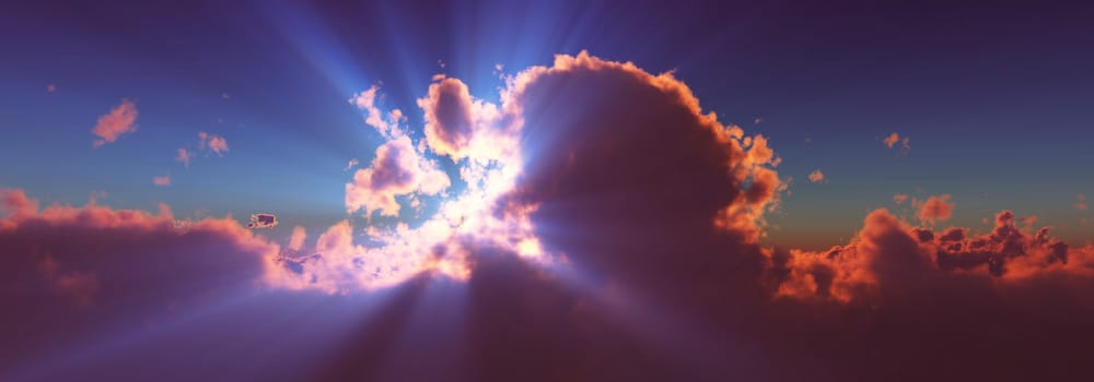 above clouds sun ray sunset. 3d render illustration