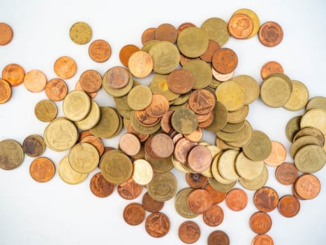 Thai Baht Coins colors Gold set in the mountains,Is the currency of Thailand.For business expenses,Coin is in a jar of money saving,White background