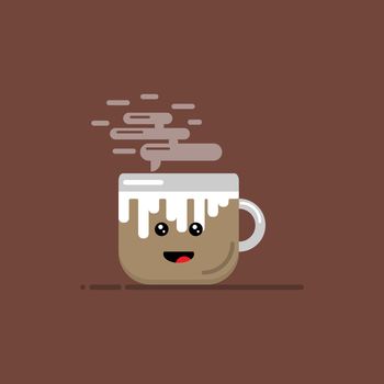 Cup of hot coffee with milk and smoke smile on brown background. Cartoon flat design. Relaxing times concept. Caffeine makes energy.