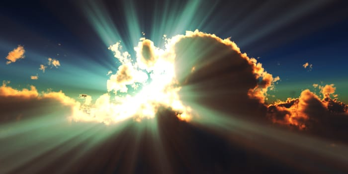 above clouds sun ray sunset. 3d render illustration