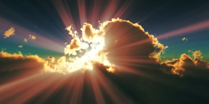 above clouds sun ray sunset. 3d render illustration