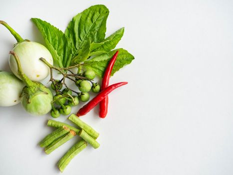 Thailand herbs Chilli Yard long beans Pea eggplant Basil leaf Eggplant brittle,Food red curry Thai,White Background