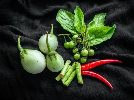 Thailand herbs Chilli Yard long beans Pea eggplant Basil leaf Eggplant brittle,Food red curry Thai,Black Background