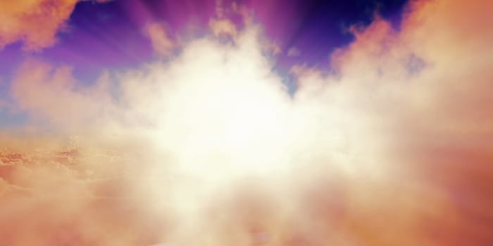 above clouds sun ray sunset. 3d render illustration