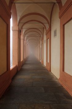 The portico (covered walkway) to the Santuario di Madonna di San Luca, in Bologna, Emilia-Romagna, Italy