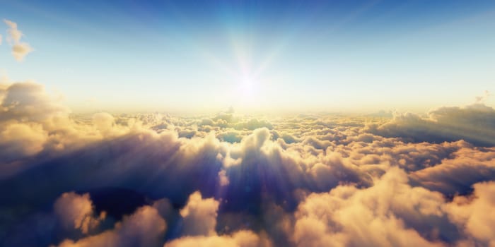 Beautiful aerial view above clouds with sunset. 3d illustration