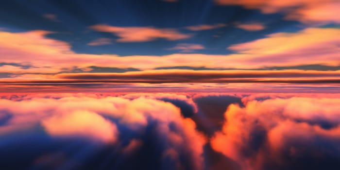 Beautiful aerial view above clouds with sunset. 3d illustration