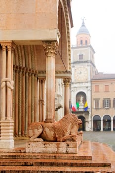 Lion statues at the entrance to the Duomo (cathedral) of Modena, Emilia-Romagna, Italy