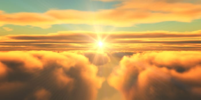 Beautiful aerial view above clouds with sunset. 3d illustration