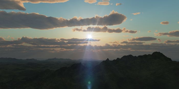 Mountain panorama over the clouds sunset. Computer generated 3D illustration