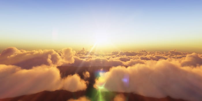 Beautiful aerial view above clouds with sunset. 3d illustration