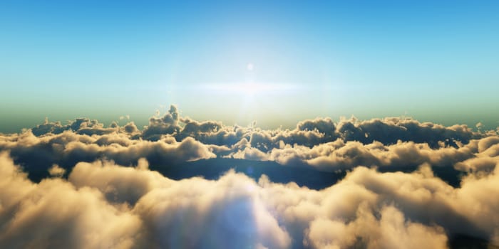 Beautiful aerial view above clouds with sunset. 3d illustration