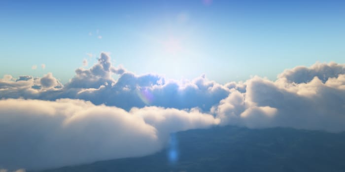 Beautiful aerial view above clouds with sunset. 3d illustration