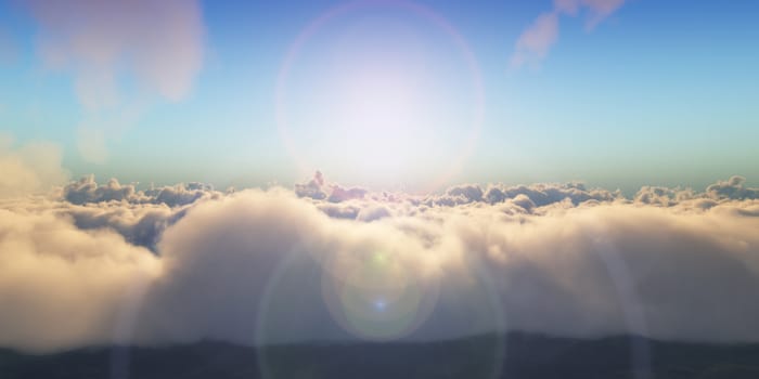 Beautiful aerial view above clouds with sunset. 3d illustration