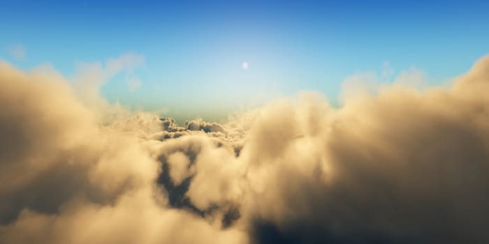 Beautiful aerial view above clouds with sunset. 3d illustration