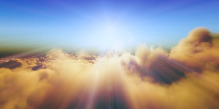 Beautiful aerial view above clouds with sunset. 3d illustration