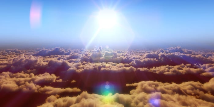 Beautiful aerial view above clouds with sunset. 3d illustration