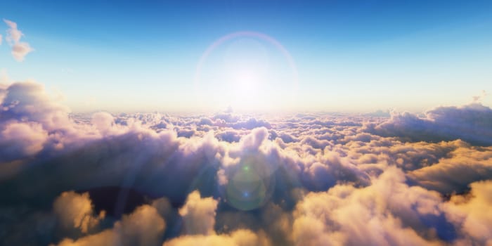 Beautiful aerial view above clouds with sunset. 3d illustration