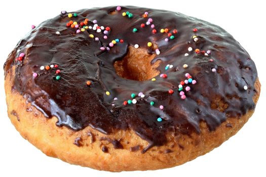 Chocolate donut covered with icing with sugar chips isolated white background top view.