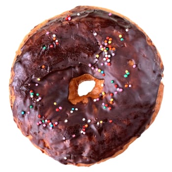 Chocolate donut covered with icing isolated white background top view.