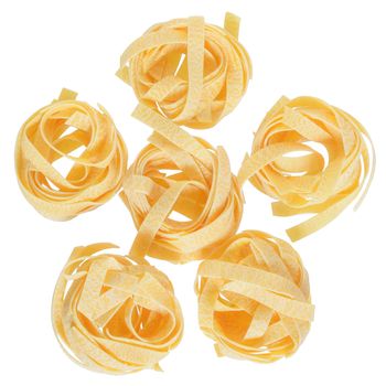 pasta pappardelle nest top view isolated on a white background.