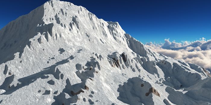 Mountain panorama over the clouds. Computer generated 3D illustration