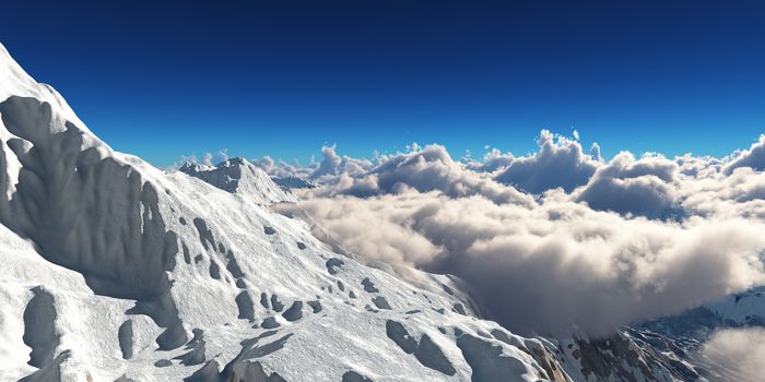 Mountain panorama over the clouds. Computer generated 3D illustration