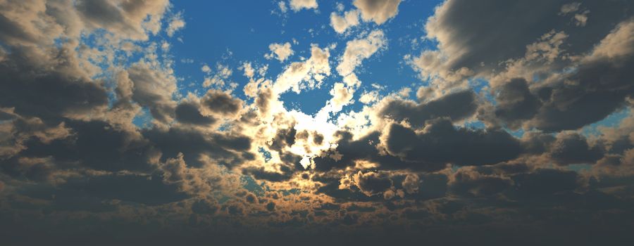 Sunset / sunrise with clouds, light rays and other atmospheric effect, 3d illustration