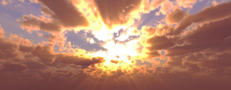 Sunset / sunrise with clouds, light rays and other atmospheric effect, 3d illustration