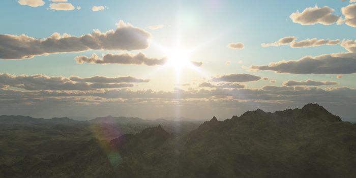 Mountain panorama over the clouds sunset. Computer generated 3D illustration