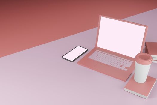 Mock up background/backdrop of laptop and mobile phone in minimal illustration design style- Minimal product background backdrop style design in 3D illustration or 3D rendering
