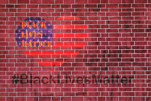 Black Lives Matter slogan hashtag liberation banner protestors heart stencil on American flag USA city street brick red vintage background