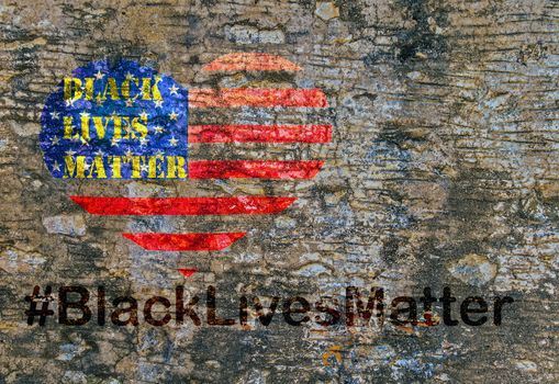 Black Lives Matter hashtag slogan anti Black racism African-American people stencil heart on American flag United States Facade wall building concrete masonry