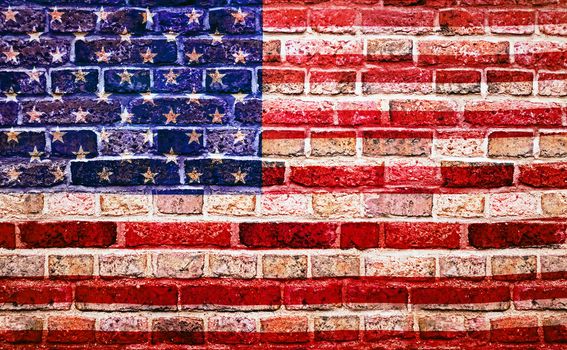 United States of America Flag of the USA old weathered stained red brick wall background