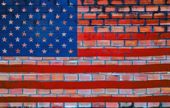 Flag of the United States of America USA brick wall background red urban cracked building