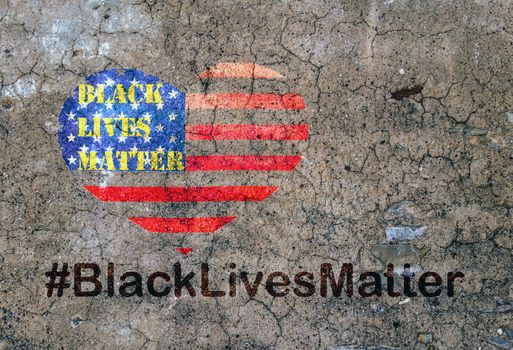 Black Lives Matter hashtag slogan anti Black racism African-American people stencil heart on American flag United States grunge cobblestone background vintage