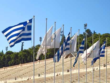 Greek flags at the olympic stadium in Athens