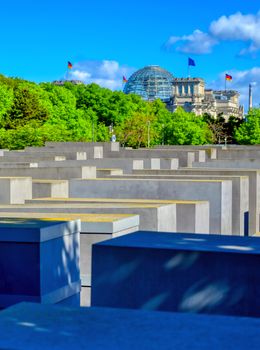 Berlin, Germany - May 5, 2019 - The Memorial to the Murdered Jews of Europe, also known as the Holocaust Memorial, is a memorial in Berlin to the Jewish victims of the Holocaust located in Berlin, Germany.