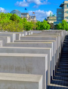 Berlin, Germany - May 5, 2019 - The Memorial to the Murdered Jews of Europe, also known as the Holocaust Memorial, is a memorial in Berlin to the Jewish victims of the Holocaust located in Berlin, Germany.