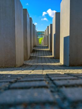 Berlin, Germany - May 5, 2019 - The Memorial to the Murdered Jews of Europe, also known as the Holocaust Memorial, is a memorial in Berlin to the Jewish victims of the Holocaust located in Berlin, Germany.