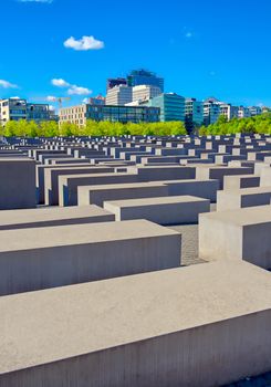 Berlin, Germany - May 5, 2019 - The Memorial to the Murdered Jews of Europe, also known as the Holocaust Memorial, is a memorial in Berlin to the Jewish victims of the Holocaust located in Berlin, Germany.