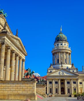 The Gendarmenmarkt square in Berlin, Germany which houses the Berlin Concert Hall (Konzerthaus) and the French and German Churches.