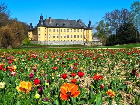 German yellow water castle Schloss Dyck in spring