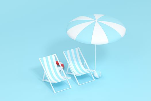 Sunshade, beach chair with blue background, 3d rendering. Computer digital drawing.