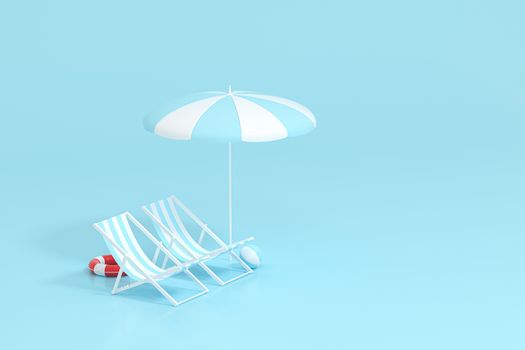 Sunshade, beach chair with blue background, 3d rendering. Computer digital drawing.