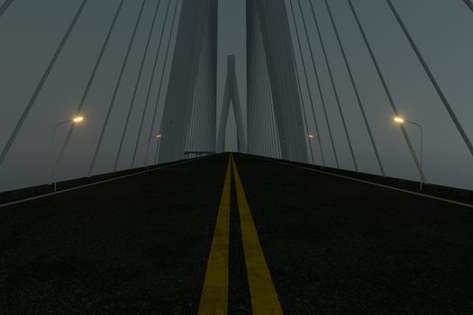 Asphalt road on the suspension bridge at night, 3d rendering. Computer digital drawing.